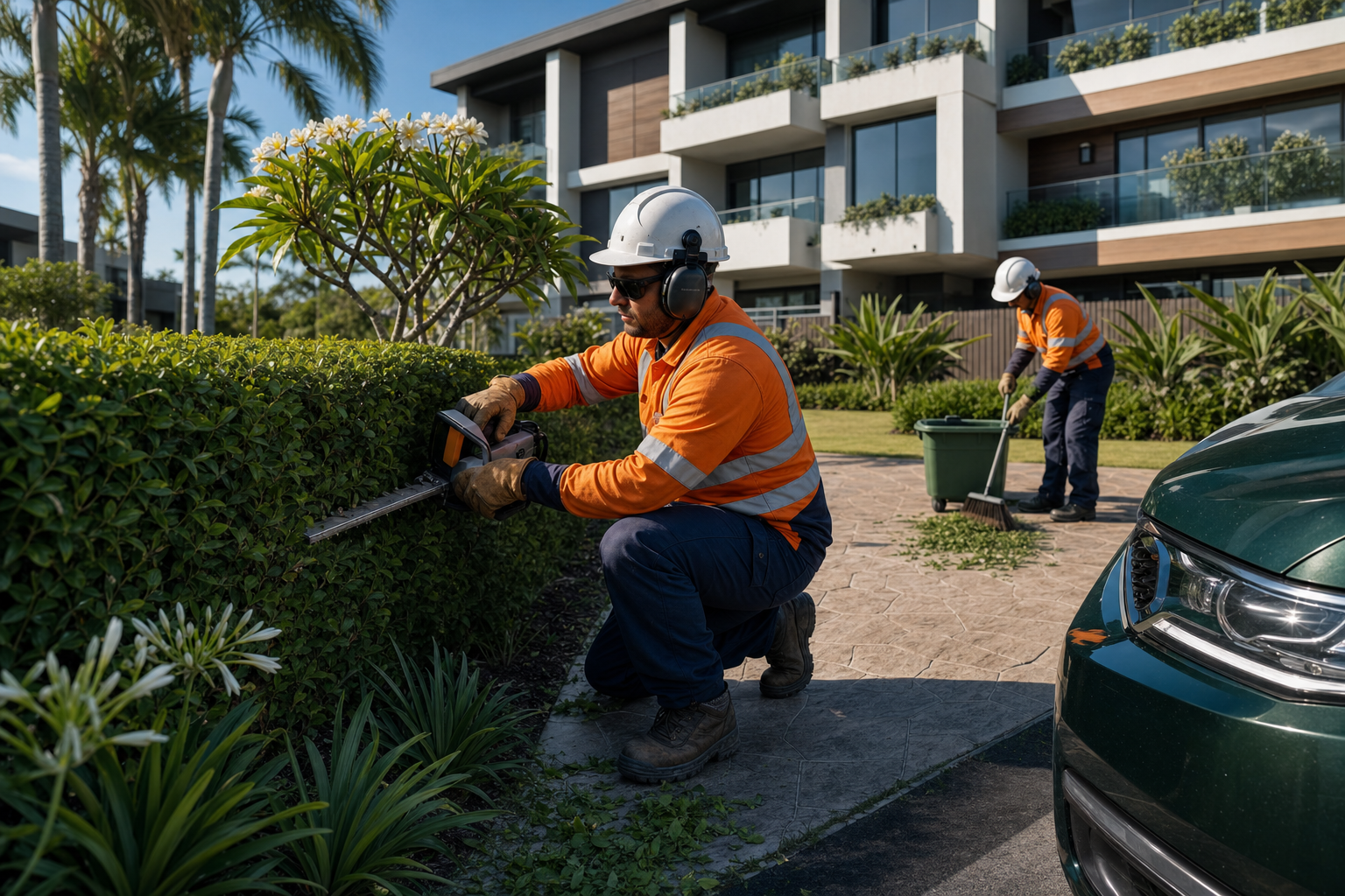Rivercity Environmental crew maintaining gardens at a body corporate scheme in South East Queensland