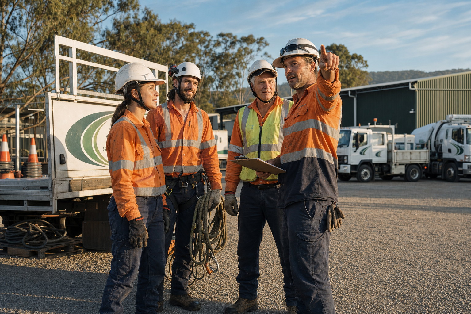 Rivercity Environmental field crew at the depot — start of shift toolbox briefing across SEQ