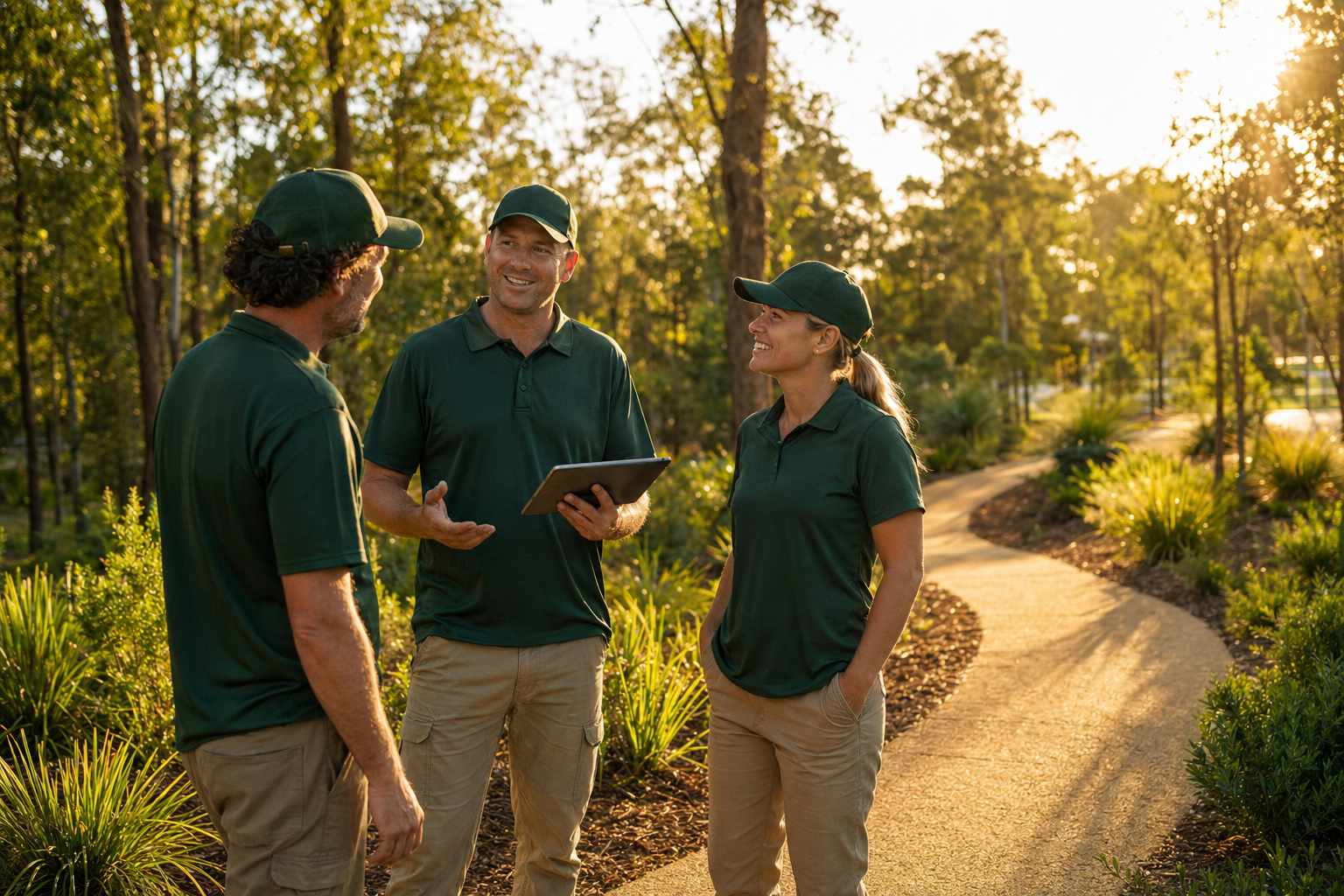 Rivercity Environmental crew in green branded polos chatting on a freshly completed park landscape in South East Queensland at golden hour