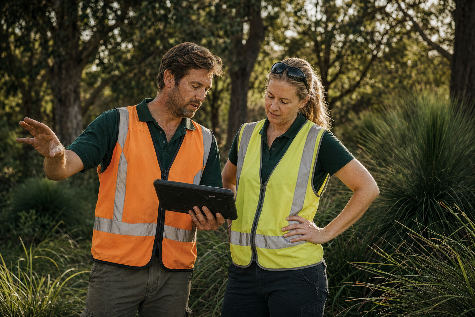 Rivercity Environmental crew on site in South East Queensland reviewing a job on a tablet