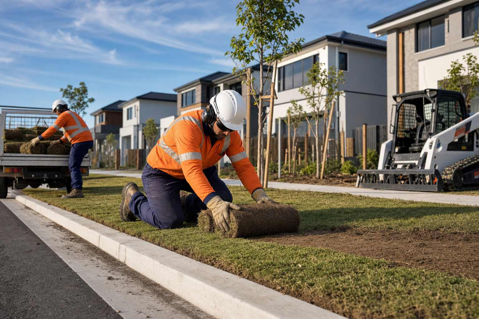 Rivercity Environmental landscape crew on an active developer site in South East Queensland — planting and establishment works underway