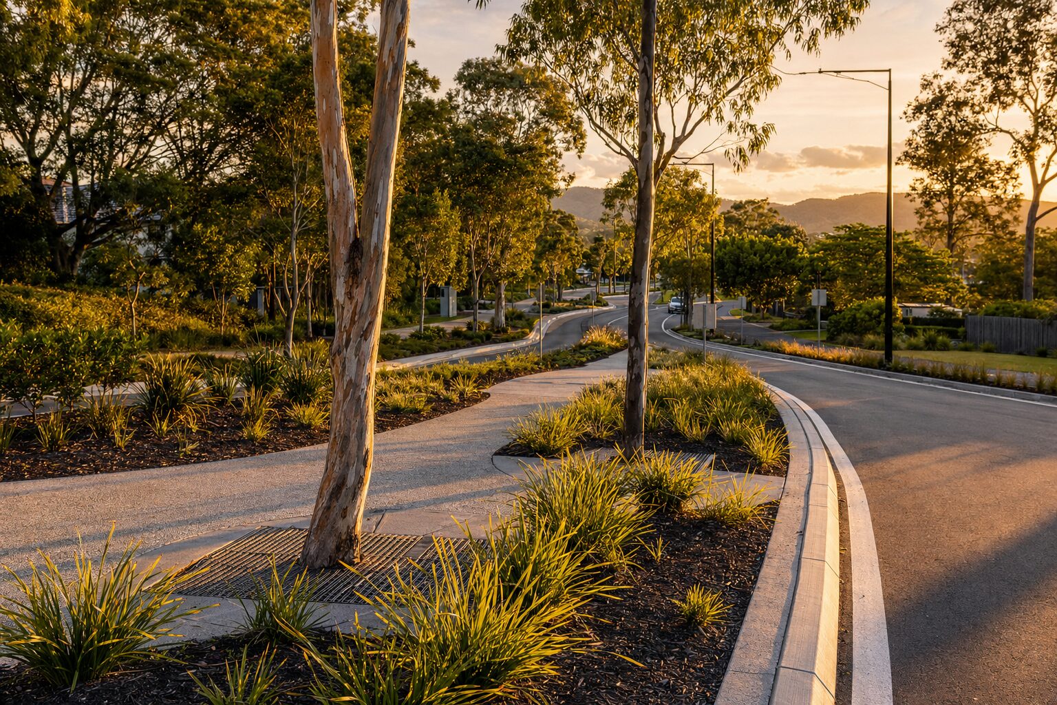Freshly completed Rivercity Environmental streetscape median upgrade in South East Queensland at golden hour with native grasses and feature gum trees