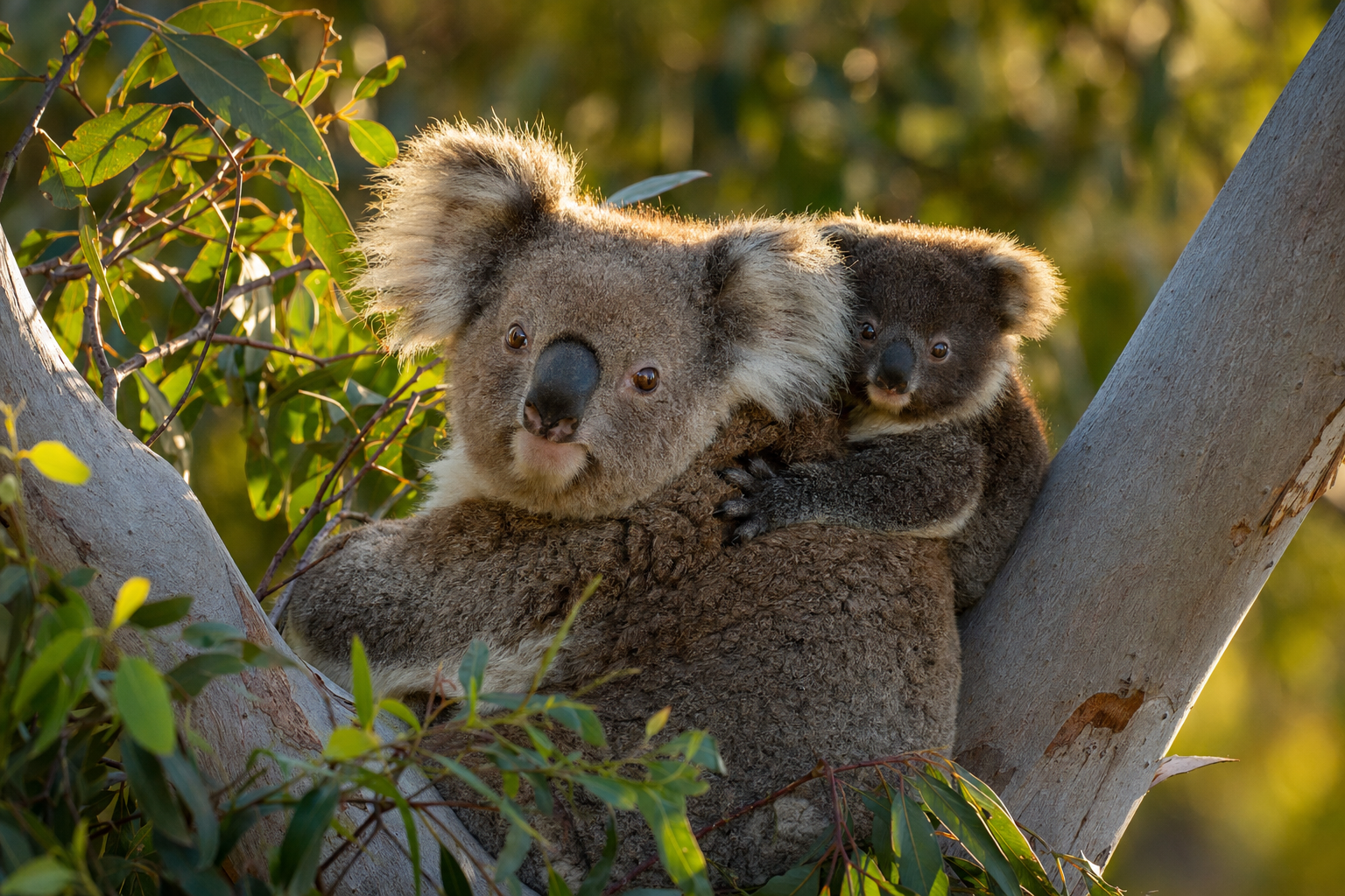 A koala mother and joey resting in a eucalypt — the kind of habitat outcome our carbon-offset plantings restore.