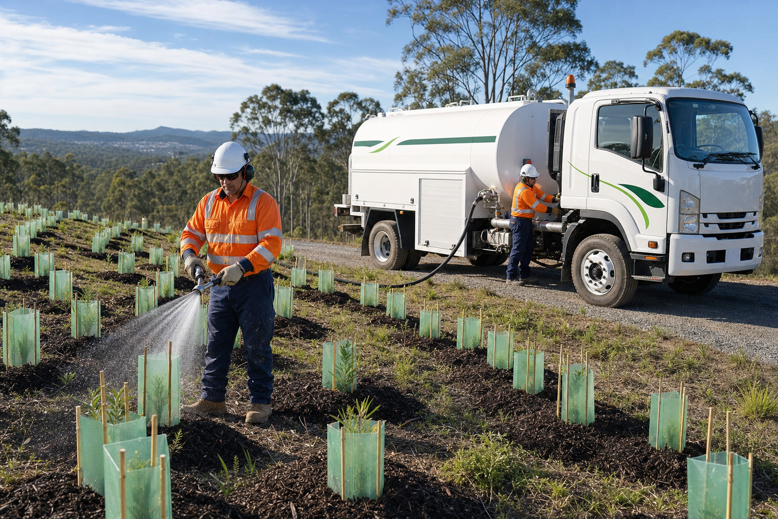 Rivercity Environmental water truck delivering establishment water on a SEQ revegetation site